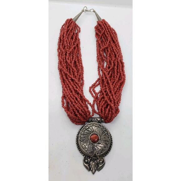 Vintage Choker Coral Bead Multi Strand Silver Amulet Garnet Stash Snuff Pendant - Picture 1 of 16